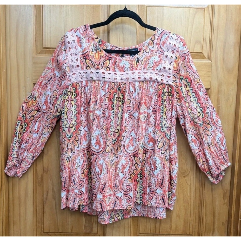 New Direction Size XL BoHo High Low Hemline Elastic Cuff Long Sleeves Top Blouse